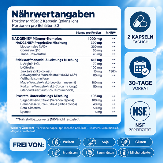 Liposomales NAD+ Männer-Komplex 1000 mg – Mit Zink, Q10 & Resveratrol – 60 Kapseln