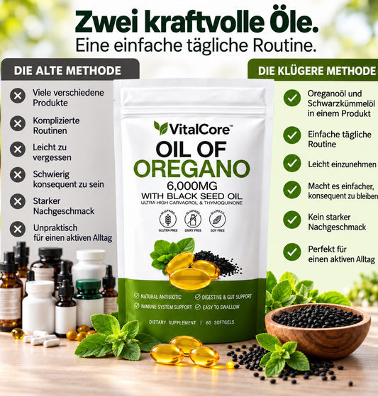 Oregano-Öl & Schwarzkümmel-Öl Softgels – Tägliches Wellness-Supplement | VitalCore™