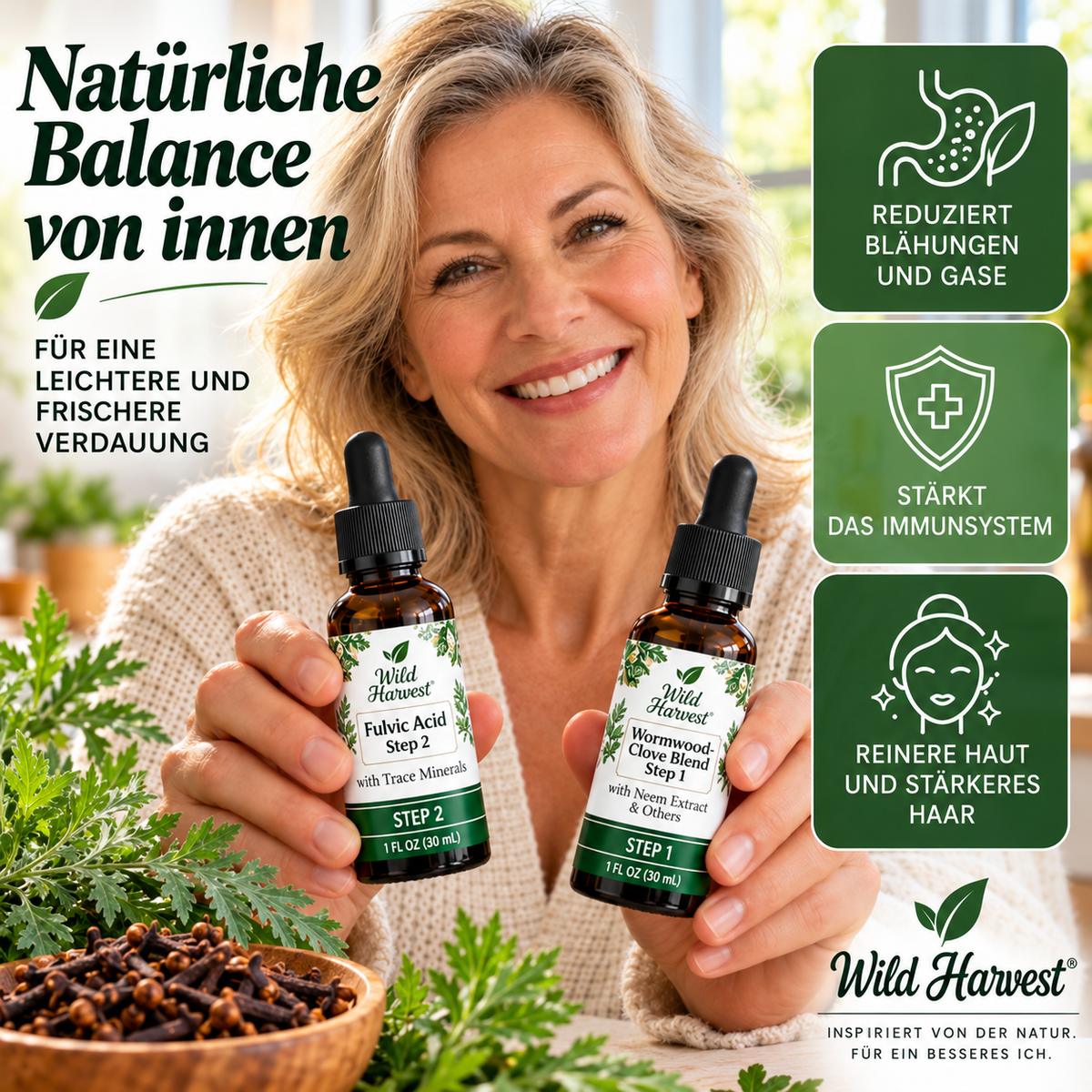 Wermut & Nelken Tropfen mit Fulvinsäure & Spurenelementen – 2-Stufen-Kräuterkomplex, 2 × 30 ml