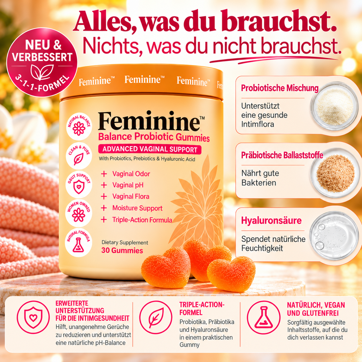 Feminine Balance Probiotische Gummibärchen mit Präbiotika & Hyaluronsäure – 30 Gummibärchen