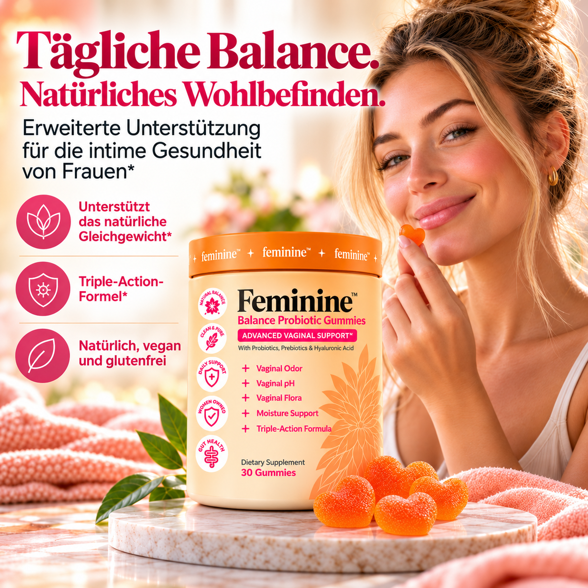 Feminine Balance Probiotische Gummibärchen mit Präbiotika & Hyaluronsäure – 30 Gummibärchen