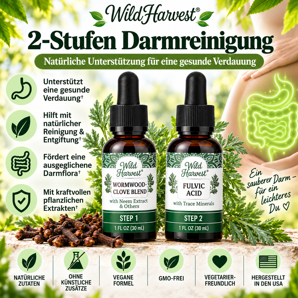 Wermut & Nelken Tropfen mit Fulvinsäure & Spurenelementen – 2-Stufen-Kräuterkomplex, 2 × 30 ml