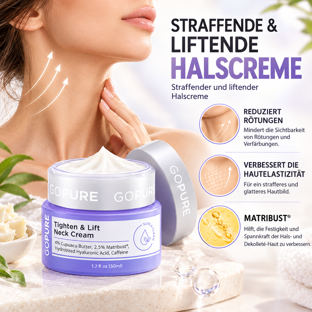 Straffende Halscreme mit Hyaluronsäure & Koffein – Anti-Aging Pflege, 50 ml