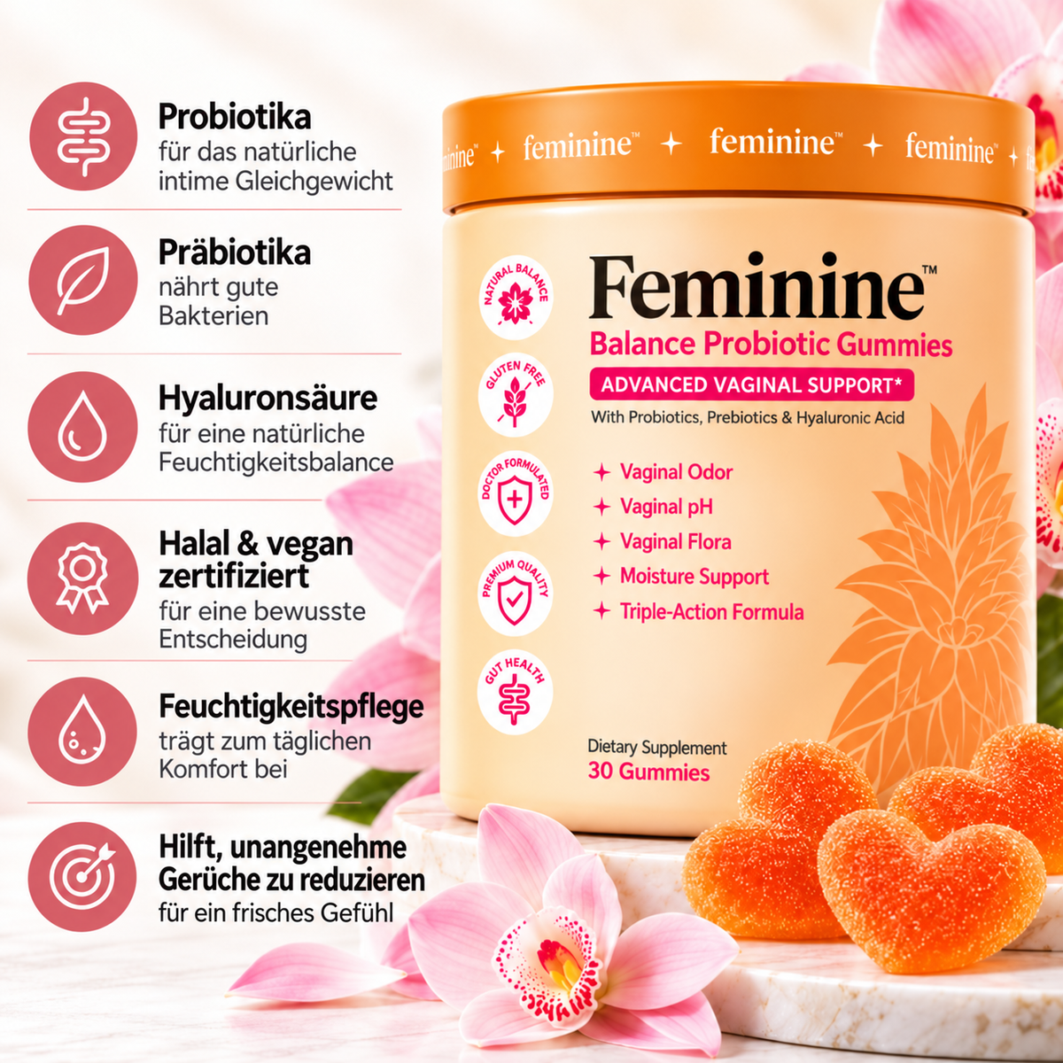 Feminine Balance Probiotische Gummibärchen mit Präbiotika & Hyaluronsäure – 30 Gummibärchen