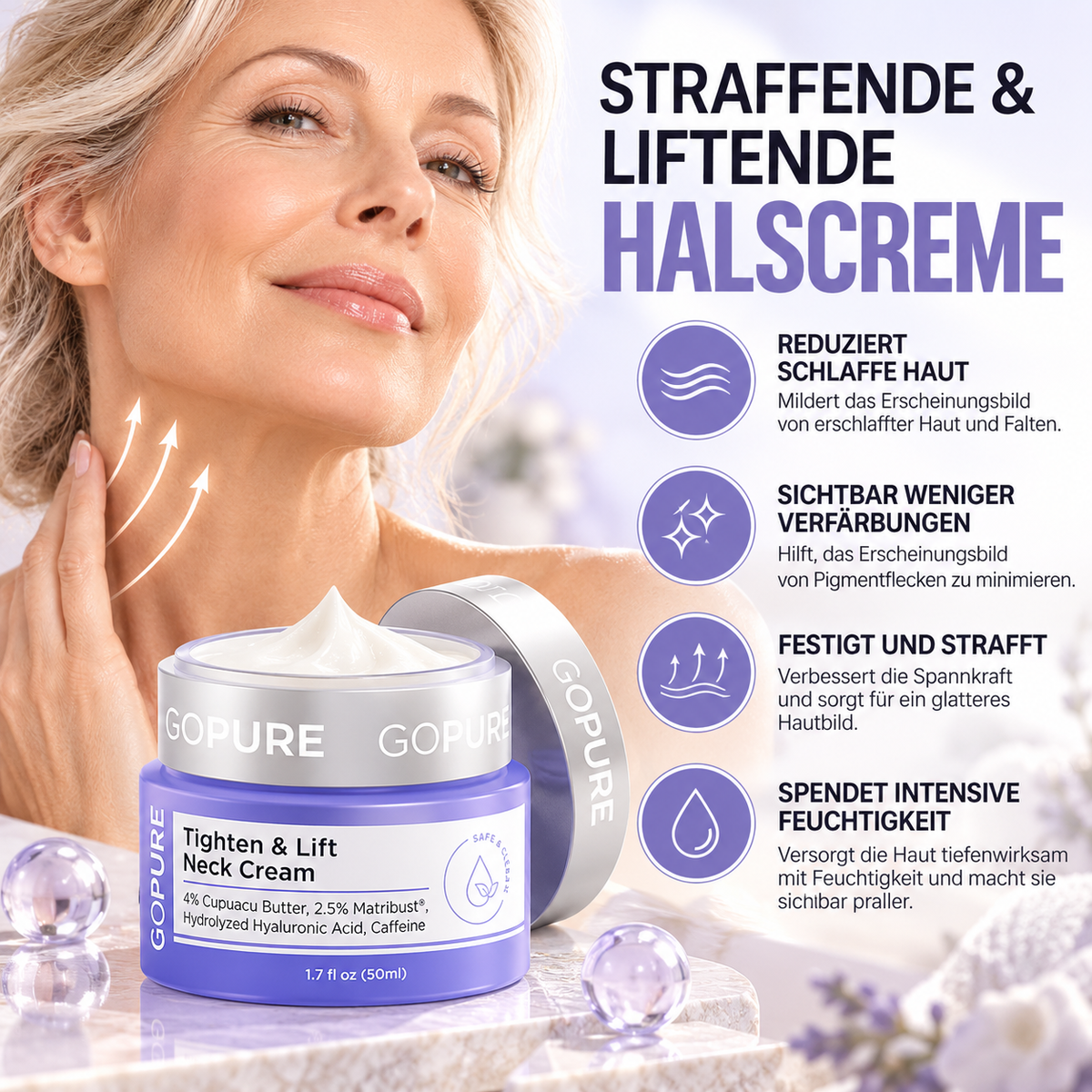 Straffende Halscreme mit Hyaluronsäure & Koffein – Anti-Aging Pflege, 50 ml