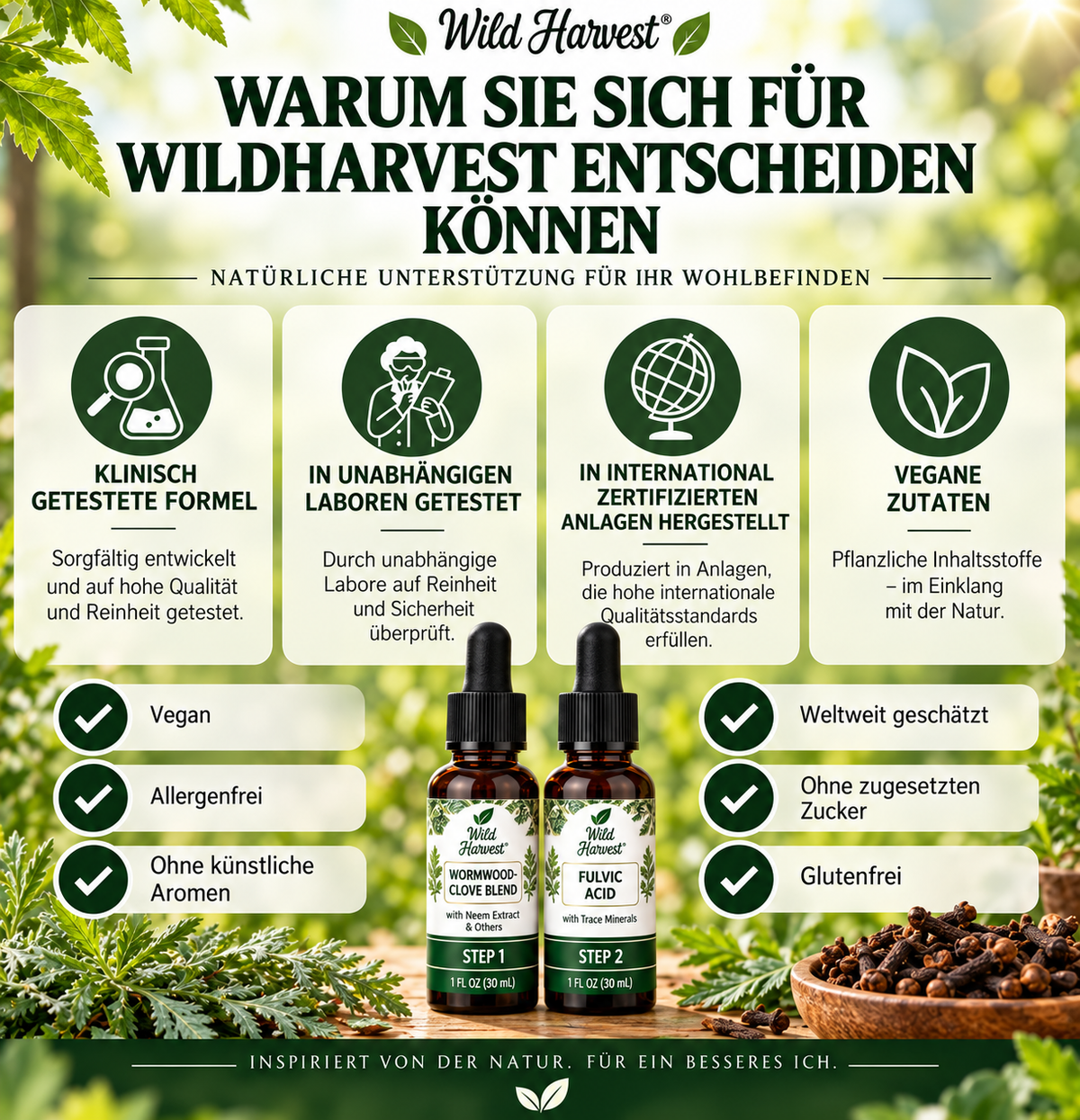 Wermut & Nelken Tropfen mit Fulvinsäure & Spurenelementen – 2-Stufen-Kräuterkomplex, 2 × 30 ml